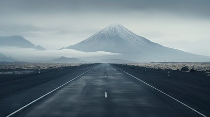  a long empty road with a mountain in the background and clouds in the sky.  generative ai - obrazy, fototapety, plakaty