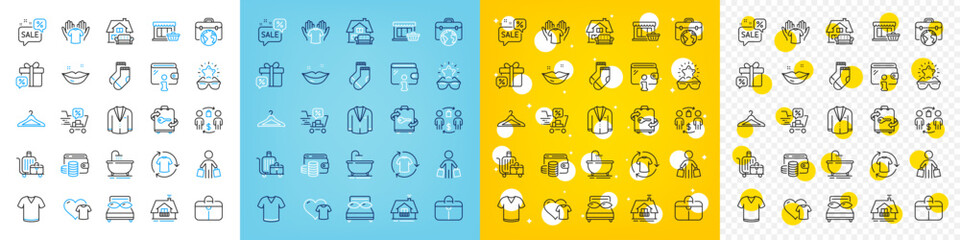 Vector icons set of Balcony, Pillows and Discounts cart line icons pack for web with Discounts bubble, Hold t-shirt, Wallet outline icon. Suit, Bath, T-shirt pictogram. Change clothes. Vector