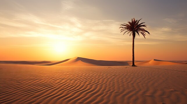  a palm tree in the middle of a desert at sunset.  generative ai