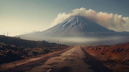  a dirt road with a large mountain in the background and clouds in the sky.  generative ai