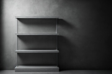 A grayish wall with an empty shelf. background scene for a template. horizontal background. Generative AI