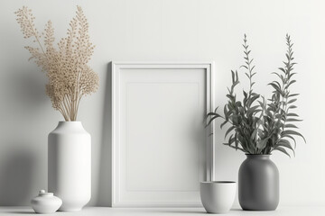 Mockup of blank square and portrait frames with a vase and dry plants on a white wall. Mockup of a minimalistic Scandinavian apartment with artwork. Generative AI