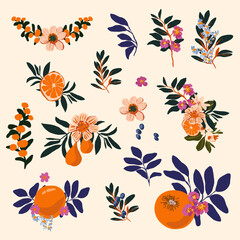 Vector Citrus Orange Branch Bouquet Italy White Flowers Peonies Roses Inflorescences Harvest Bird