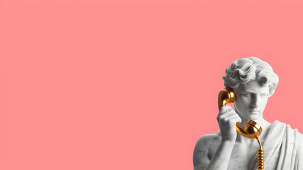 sculpture of a person holding a telephone on orange 16:9 background, business concept