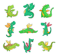 Happy funny green dragon. Cute character. Fairytale monsters. Hand drawn style. Vector drawing. Collection of design elements.