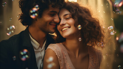 pareja de enamorados celebrando el dia de san valentin 14 de febrero abrazados con una sonrisa - obrazy, fototapety, plakaty