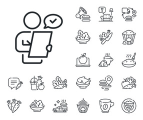 Contract application sign. Crepe, sweet popcorn and salad outline icons. Customer survey line icon. Agreement document symbol. Customer survey line sign. Pasta spaghetti, fresh juice icon. Vector