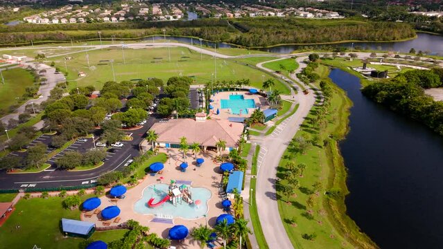 Swimming pool and splash pad at Miramar Regional Park 4k aerial video