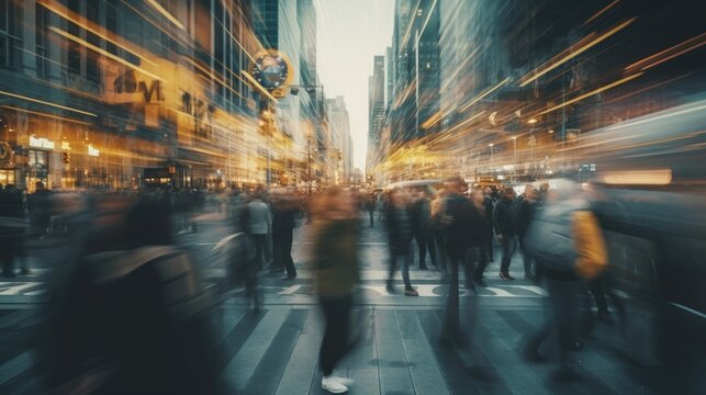 Pedestrian blur, crowd of people walking in city, panoramic view of people