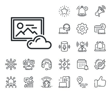 Images cloud data sign. Place location, technology and smart speaker outline icons. Photo cloud line icon. Picture placeholder symbol. Photo cloud line sign. Influencer, brand ambassador icon. Vector