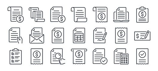Invoice, bill, receipt, tax and payment concept editable stroke outline icons set  isolated on white background flat vector illustration. Pixel perfect. 64 x 64.