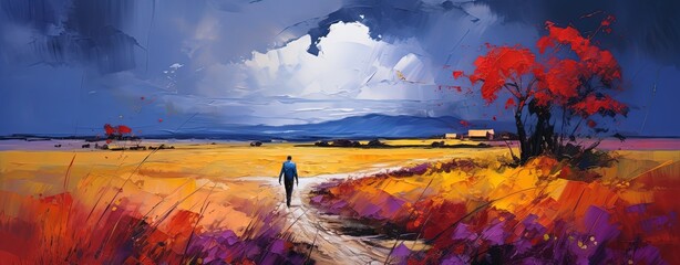 oil painting style illustration of a man walking on crossroad in meadow field nature landscape, Generative Ai