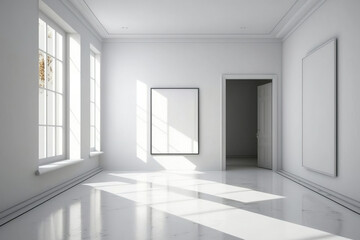 Interior of a traditional white concrete gallery with open walls and sunshine. a mockup. Generative AI