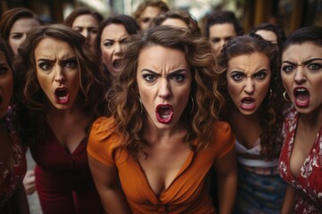 Group of furious angry women yelling looking at the camera  - obrazy, fototapety, plakaty