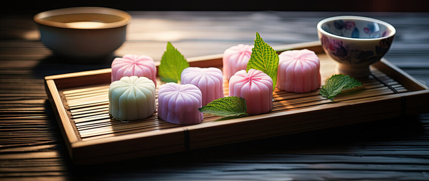 close up Wagashi Japanese traditional sweet dessert made of glutinous rice with sweet anko bean, Generative Ai