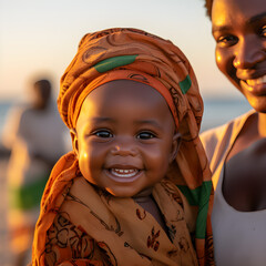 Smiling african mom holding hugging cute baby daughter at sunset, Generated with AI