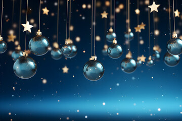 festive Christmas baubles and stars sparkling against a blue background