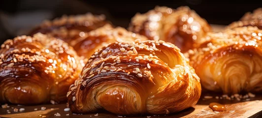 Photo sur Aluminium Boulangerie close up homemade croissant bread with sesame seed sprinkle look yummy, Generative Ai