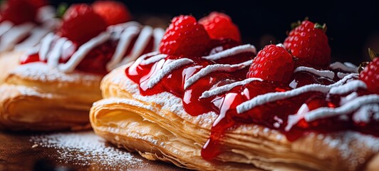 close up homemade croissant pie with fresh fruit,  look yummy, Generative Ai 
