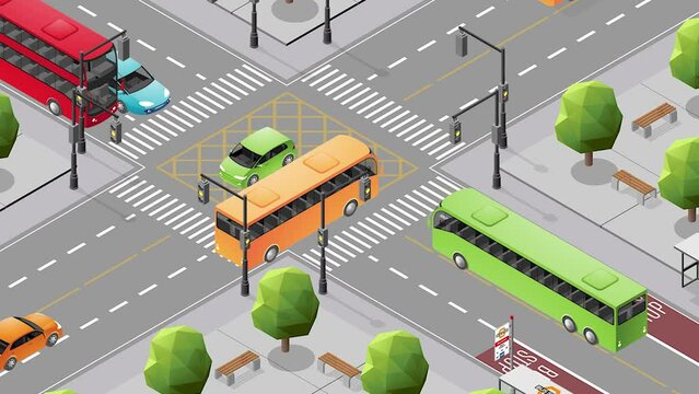 Isometric View of Moving Traffic in a City with Cars, Buses and Traffic Lights