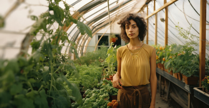 Hispanic Latino Young attractive woman harvesting vegetable in a greenhouse.