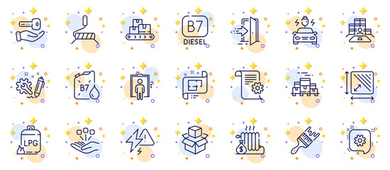 Outline set of Square area, Inventory and Cogwheel line icons for web app. Include Entrance, Diesel canister, Architectural plan pictogram icons. Packing boxes, Technical documentation. Vector