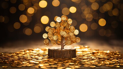 golden gold coin tree has coins as leaves that fall on ground, idea for limitless income, wealth and prosperity, rich and successful business growth, Generative Ai
