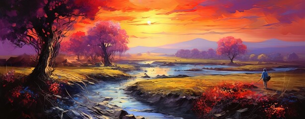 Fototapeta premium painting style illustration of nature landscape river pass on meadow at sunset time, Generative Ai