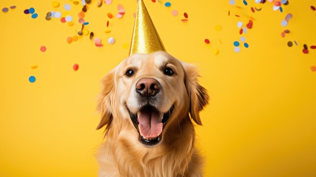 Happy golden retriever dog celebrating birthday wearing party hat, isolated on yellow background with confetti.