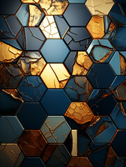 Hexagon pattern, tile, stone, gold, navy blue, luxury, infinitely extended, dimensional, light and shadow, tilt shift, overhead view, tiled, navy blue and gold. Abstract background design concept.