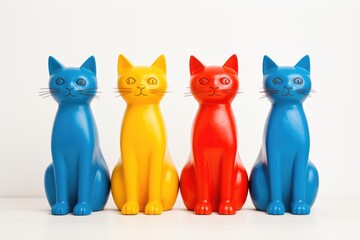 Three colorful plastic cats sitting next to each other