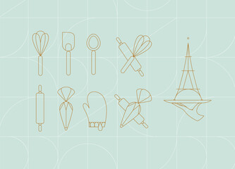 Kitchen utensils in art deco style to prepare bakery products whisk, spatula, measuring spoon, rolling pin, pastry bag, potholder, dish drawing on turquoise background