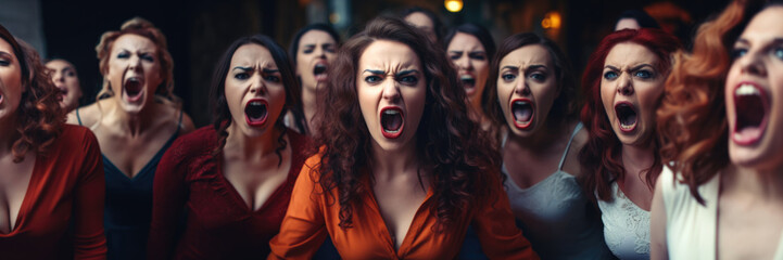 Group of furious angry women yelling looking at the camera  - obrazy, fototapety, plakaty