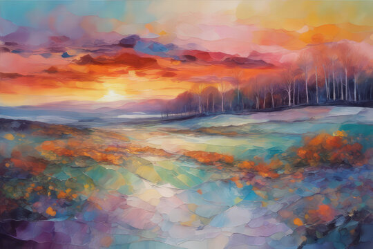 Beautiful Painted landscape with a sunset. Bright colors. Watercolor. Generative AI
