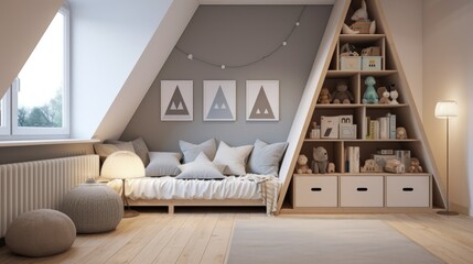 Stylish cozy scandinavian child room interior with toys and decorations. Carpet on the floor. AI