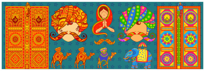 Culture of Rajasthan in Indian art style. Door drum camel in Rajasthan Style. Vector File.