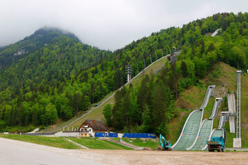 Planica Ski jumping hills in the summer. The Planica Nordic Centre. Julian Alps. Slovenia. Europe.	