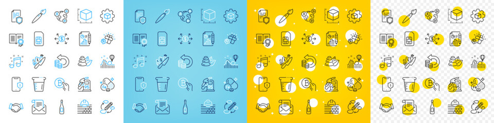 Vector icons set of Data security, Cooking beaker and Mail newsletter line icons pack for web with Sim card, Champagne, Bitcoin pay outline icon. Diploma, Smartphone protection. Vector