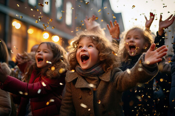 Obraz premium Small happy children having fun together in the street on winter holidays