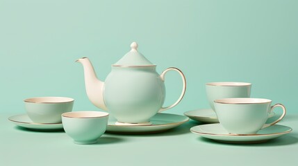Obraz na płótnie Canvas Elegant Pastel Teapot and Cups Set on Soft Blue Background