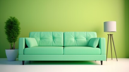 Green sofa with legs in green living room. Elements for interior design. AI