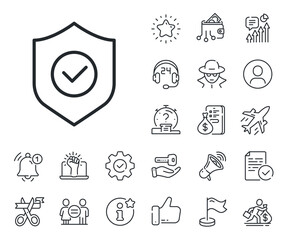 Cyber defence sign. Salaryman, gender equality and alert bell outline icons. Security shield line icon. Private protection symbol. Security shield line sign. Spy or profile placeholder icon. Vector
