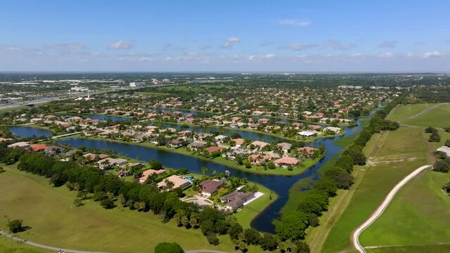 Aerial drone footage of Riverstone gated residential community in Davie Florida