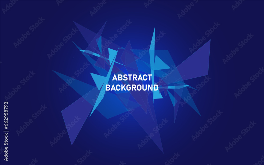 Poster abstract blue background of random triangles of different sizes and transparency. conceptual technol