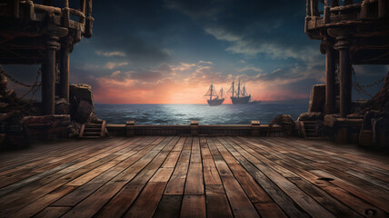 3 d rendering of a wooden ship in the night - obrazy, fototapety, plakaty