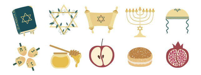 Big Jewish set with Tanakh, Star of David, Scroll Torah, Menorah and tradition holiday food