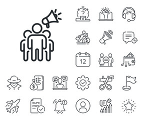 Holding megaphone sign. Salaryman, gender equality and alert bell outline icons. Brand ambassador line icon. Advertisement device symbol. Brand ambassador line sign. Vector