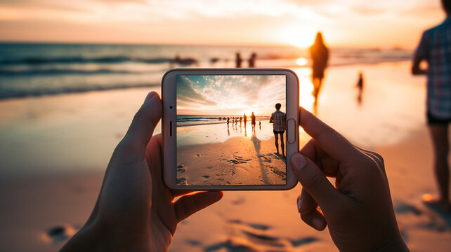 man taking photo of smartphone on the beach with sunset and sunrise