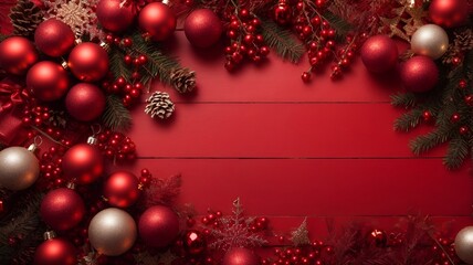 Fototapeta na wymiar red christmas background with christmas tree and decorations, copy space.