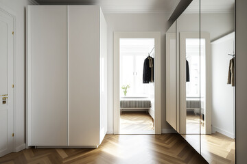 Fototapeta premium A modest room with mirrored closet doors and oak parquet floors that reflect sunshine. Generative AI